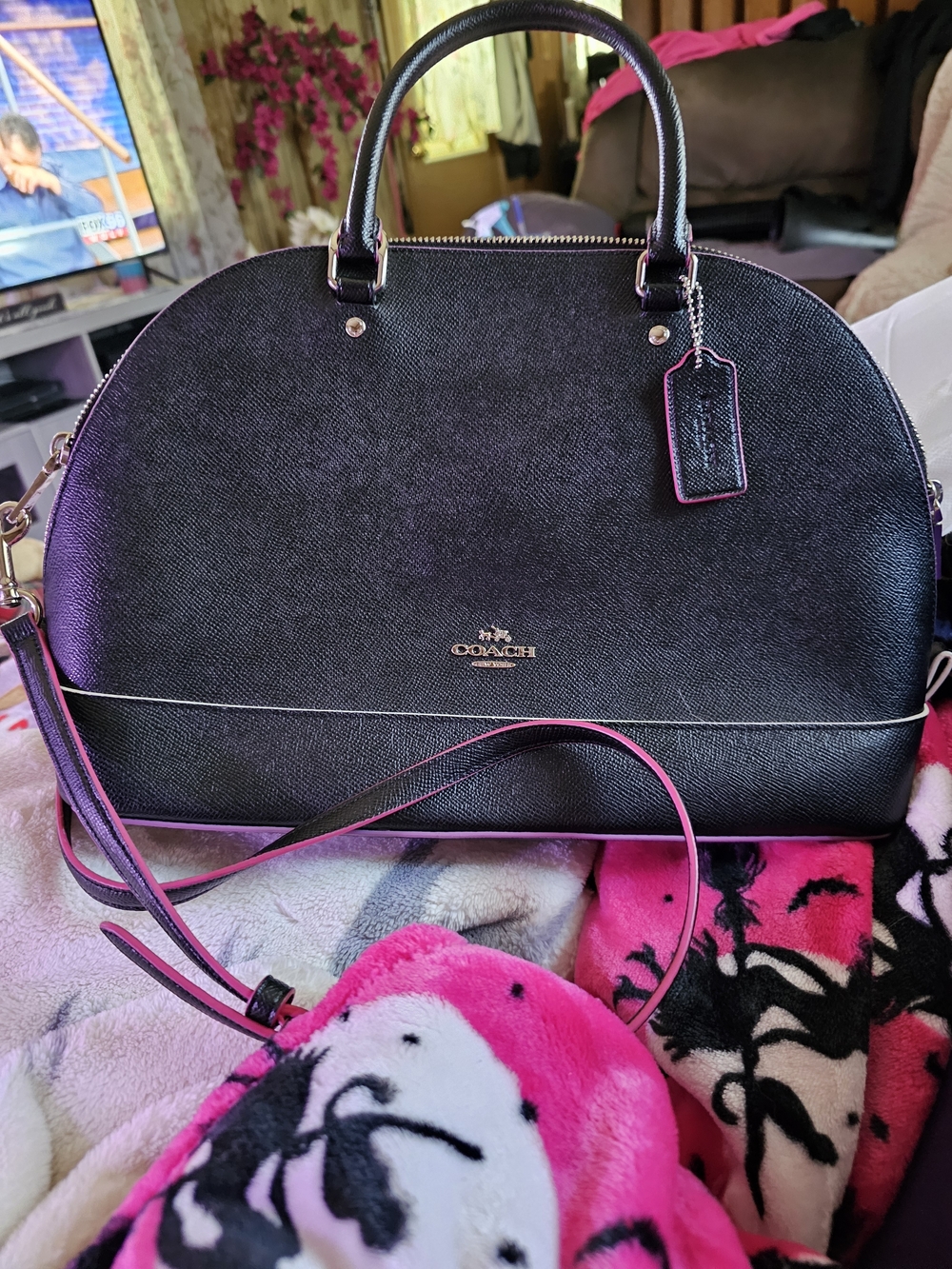 Coach Black Leather Sierra Dome Satchel with Pink Trim